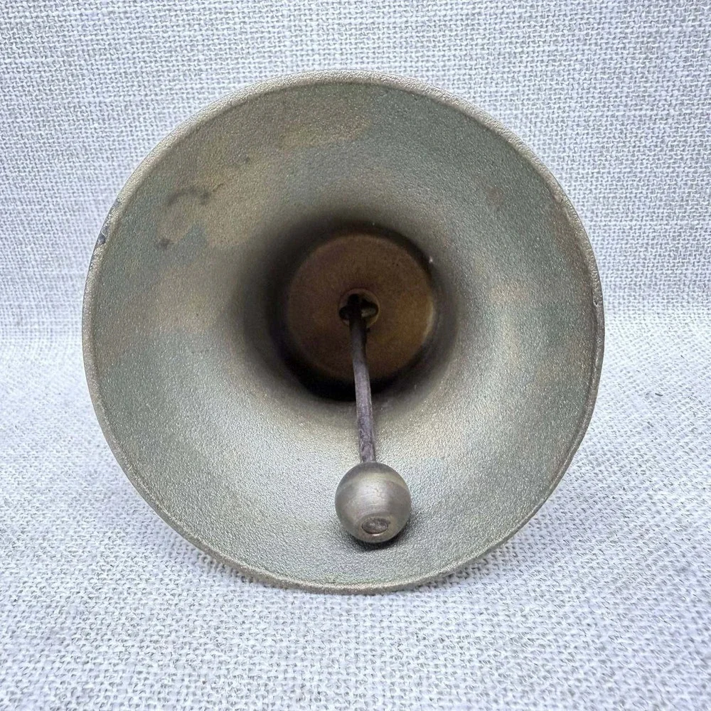 Vintage Heavy Brass Hand Bell Fleur-de-Lis Emblem Antique Style School Bell 5in